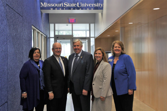 Carol Silvey, President Smart, Governor Parson, Commissioner Mulligan, and Chancellor Lawler