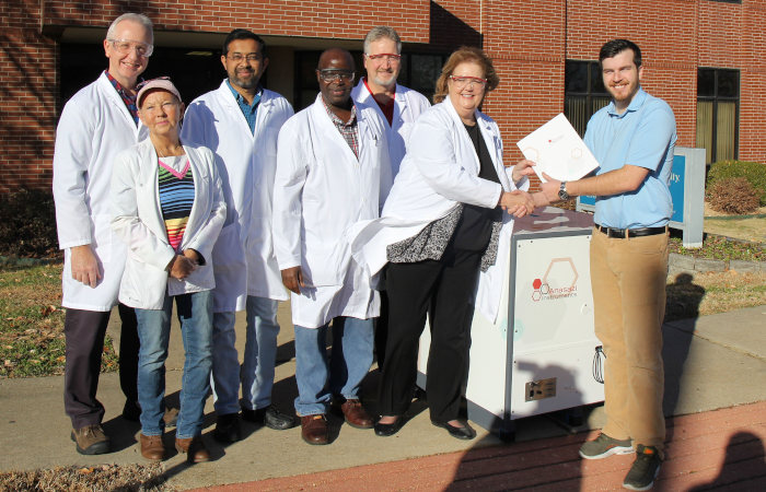 Dean Lancaster, Chancellor Lawler and Faculty receive NMR spectrometer