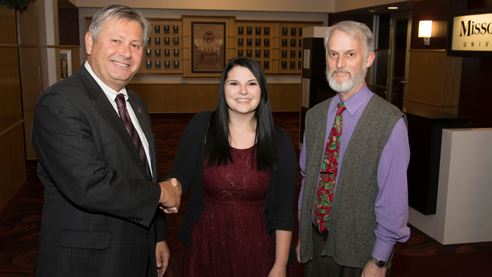 Victoria "Tori" York with Chancellor Bennett and Communications Professor Dr. Gary Phillips