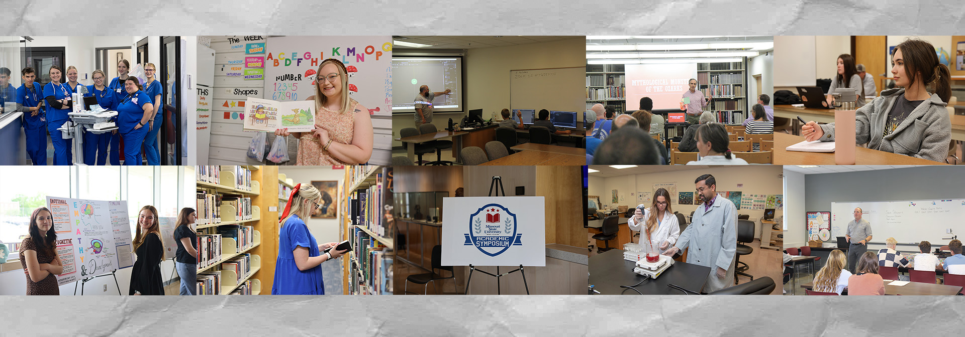 Collage of students in classroom, study group, library and doing other campus activities.