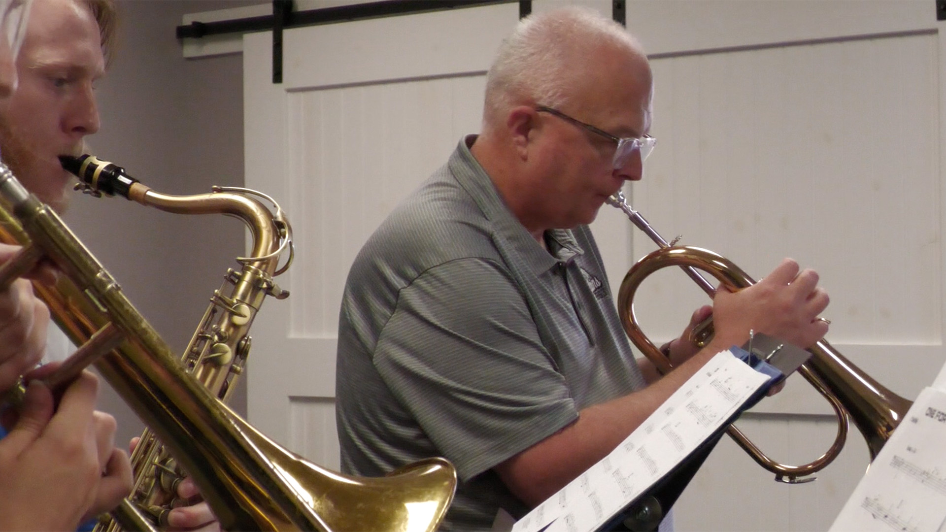 Members of the Jazz band playing in class