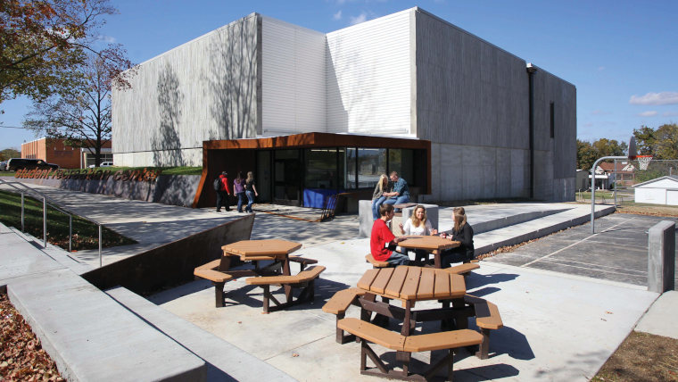 students outside the recreation center