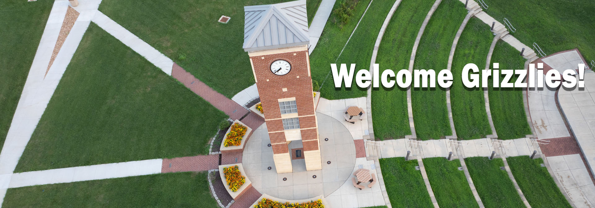 Welcome Grizzlies! over Bell Tower from birds eye view