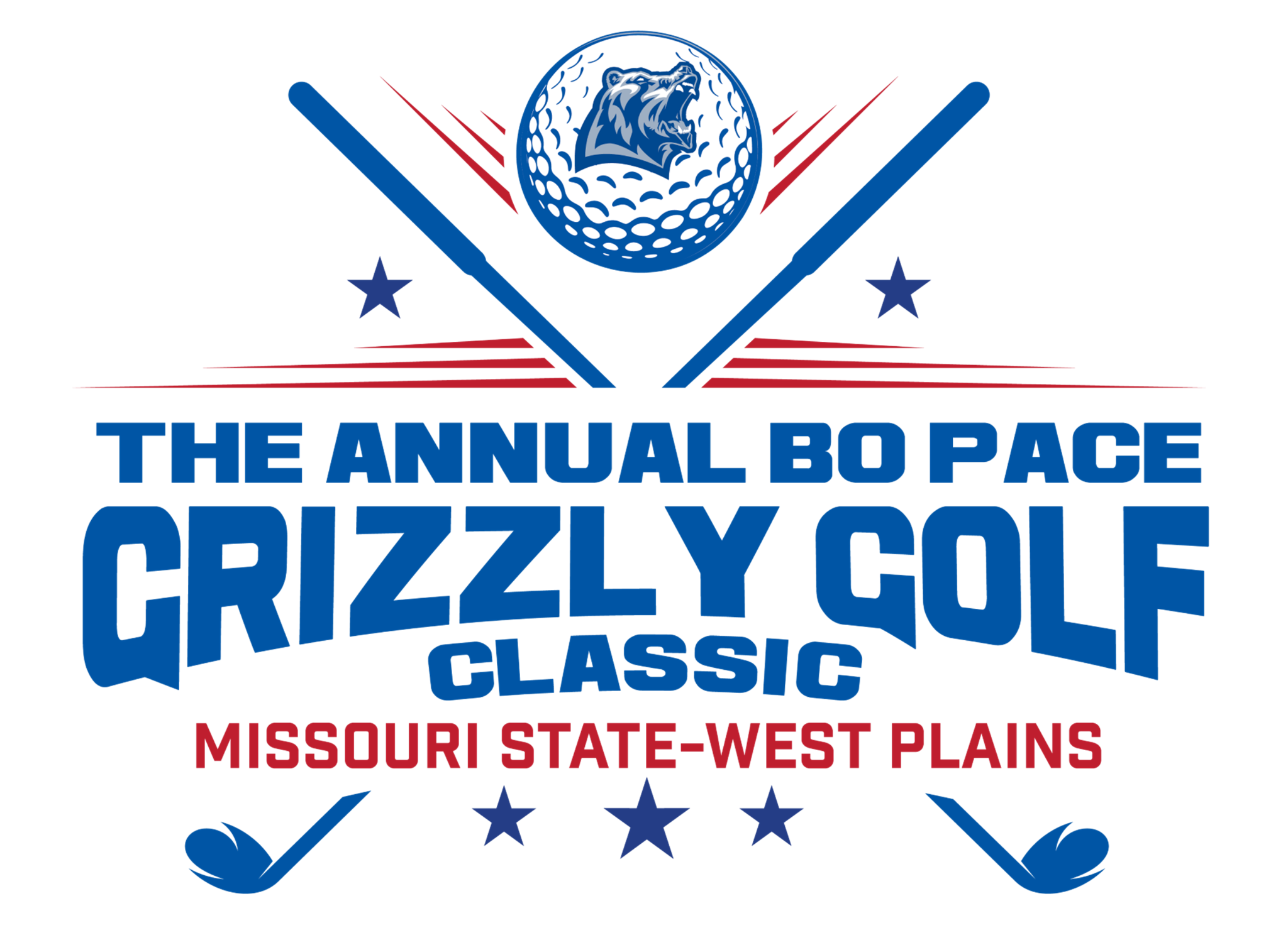 A blue and red logo for the Grizzly Golf Classic. At the top, a blue golf ball displays a gray and blue grizzly bear head. Two crossed blue golf clubs are behind the ball, with red and blue diagonal lines radiating outwards. Below this, "GRIZZLY GOLF" is written in large blue letters, centered above "CLASSIC" in smaller blue text. Further down, "MISSOURI STATE-WEST PLAINS" appears in red. The design also includes two blue stars above the main text and three blue stars below the red text, with an abstract blue golf club head on each side.