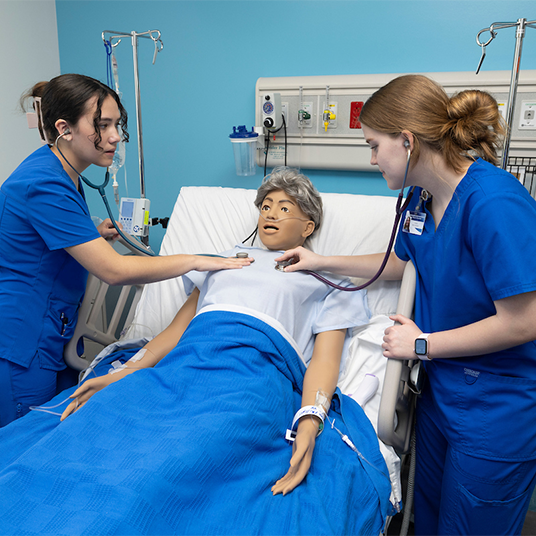 Nursing students work in the sim lab