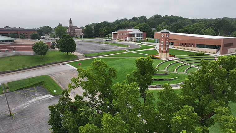 Bird's eye view of Lybyer Hall, Bell Tower and surrounding area