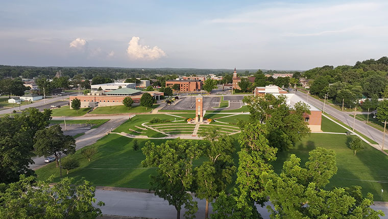 Bird's eye view of campus looking to the east