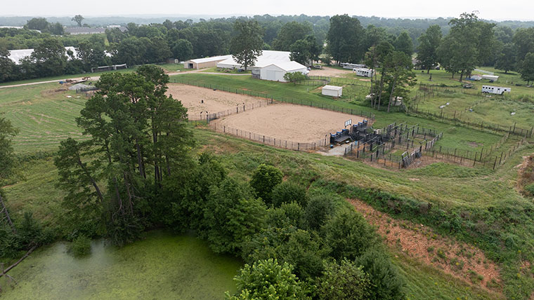 Bird's eye view of the Wulff-Risner Agriculture Science Center and pond